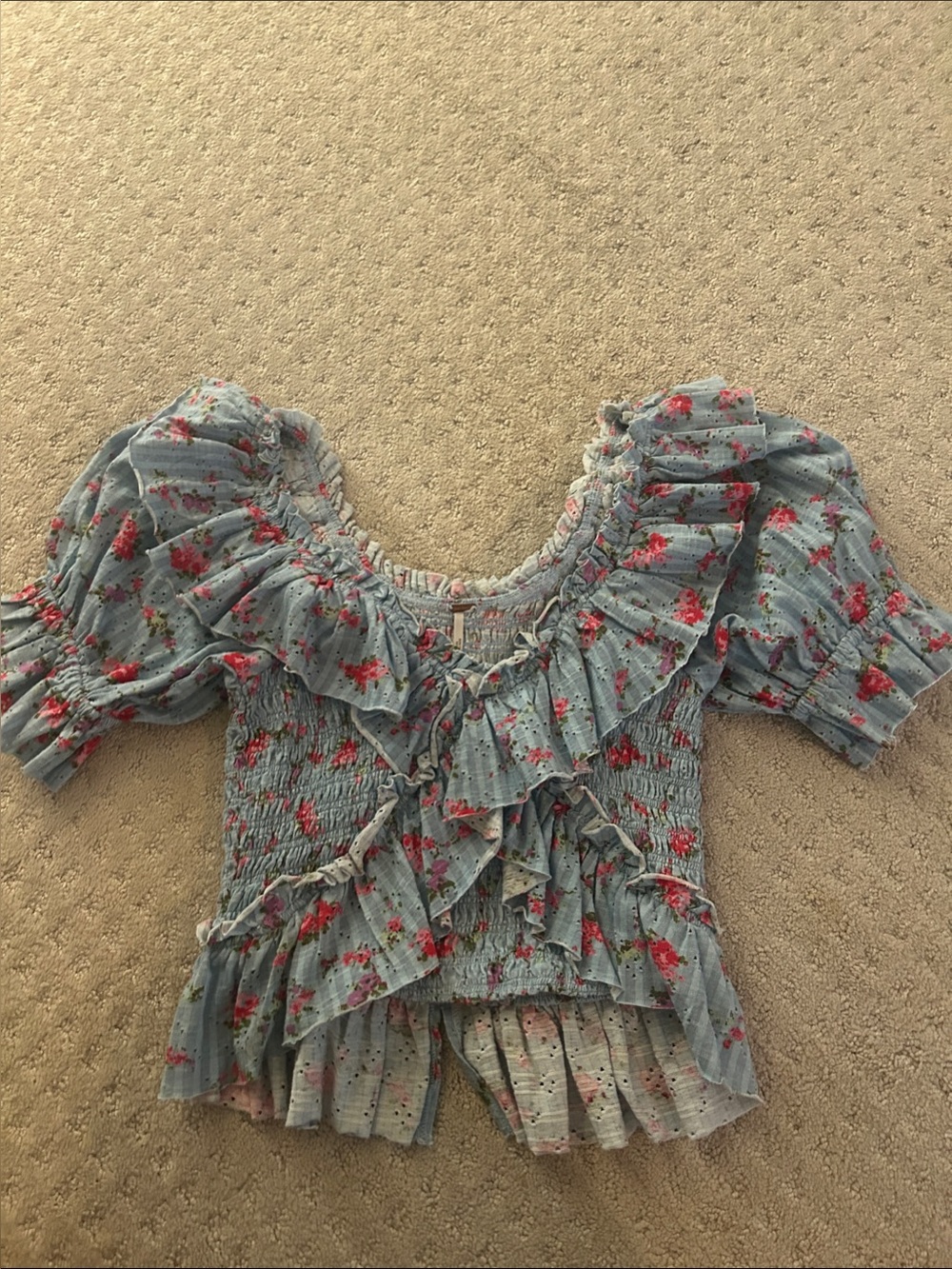 Free People Blue Floral Ruffle Peasant Blouse